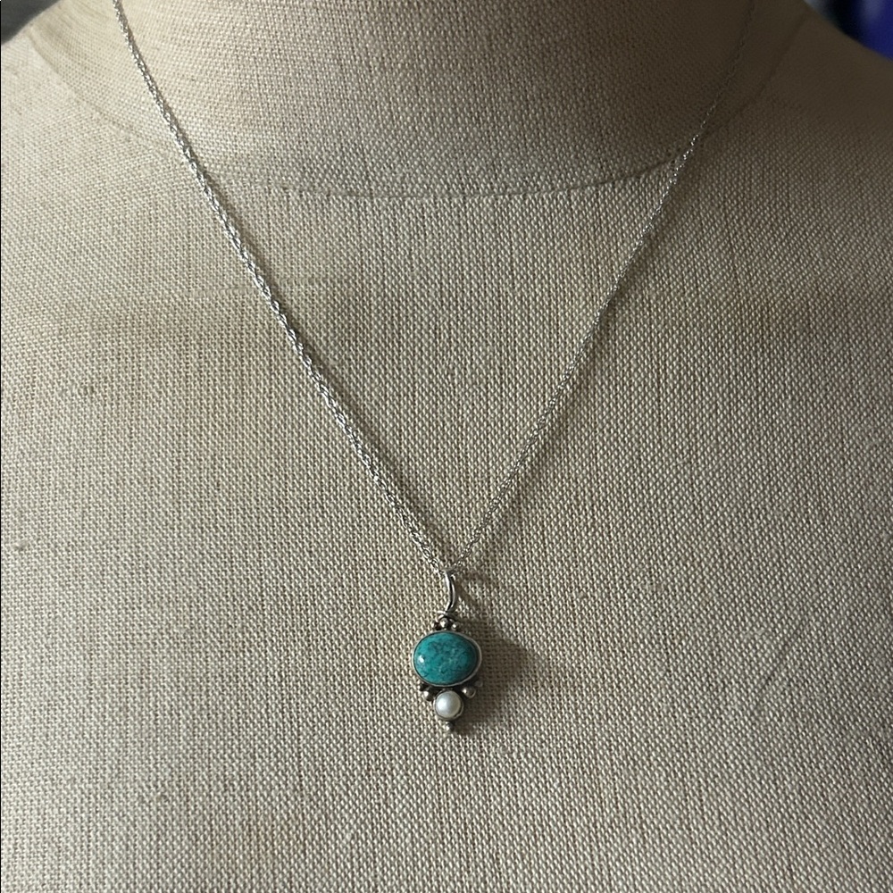 Sterling Silver Turquoise & Pearl Pendant Necklace -‎ Nepal 925 - Genuine